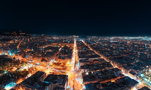 panoramic aerial photo of downtown Athens at Patision avenue, greece, at night